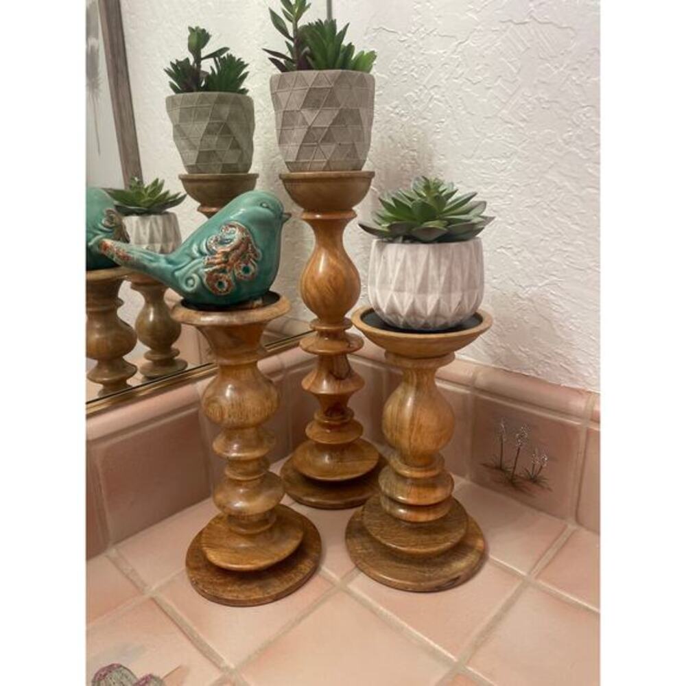 Set of three wood pottery barn candlesticks